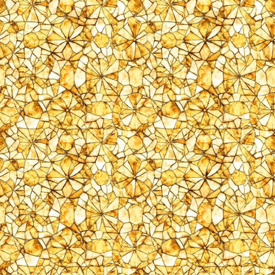 Image of Lumenique Mosaic Blender Yellow quilting cotton fabric by Dan Morris for QT Fabrics. Features a printed stained glass pattern on a yellow background. Cute Little Fabric Shop.
