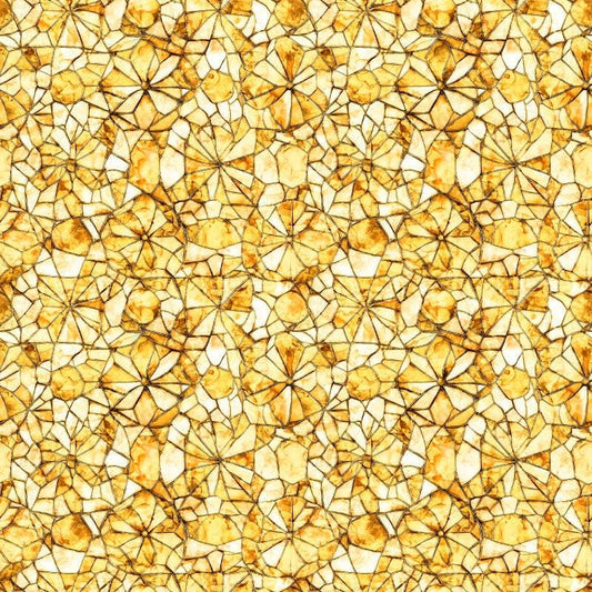 Image of Lumenique Mosaic Blender Yellow quilting cotton fabric by Dan Morris for QT Fabrics. Features a printed stained glass pattern on a yellow background. Cute Little Fabric Shop.