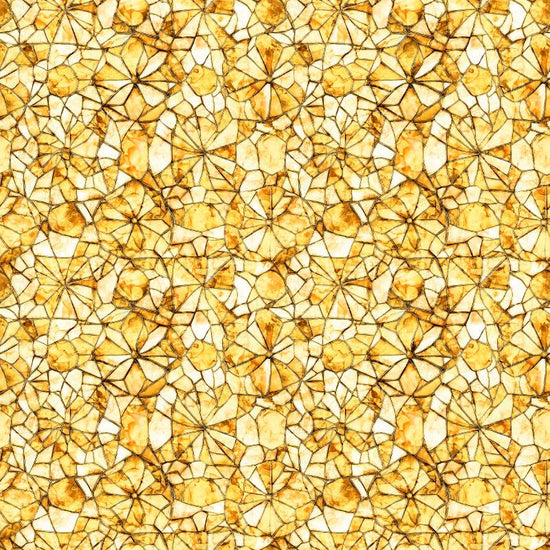 Image of Lumenique Mosaic Blender Yellow quilting cotton fabric by Dan Morris for QT Fabrics. Features a printed stained glass pattern on a yellow background. Cute Little Fabric Shop.