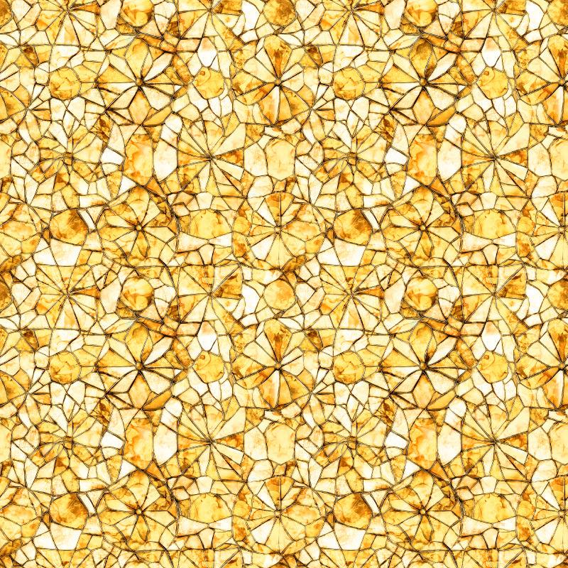 Image of Lumenique Mosaic Blender Yellow quilting cotton fabric by Dan Morris for QT Fabrics. Features a printed stained glass pattern on a yellow background. Cute Little Fabric Shop.