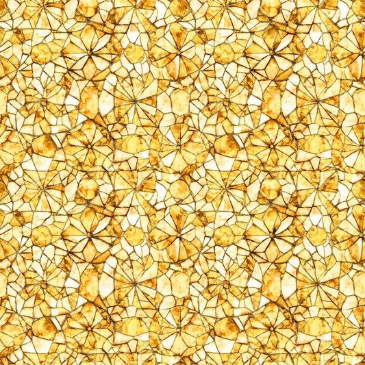 Image of Lumenique Mosaic Blender Yellow quilting cotton fabric by Dan Morris for QT Fabrics. Features a printed stained glass pattern on a yellow background. Cute Little Fabric Shop.