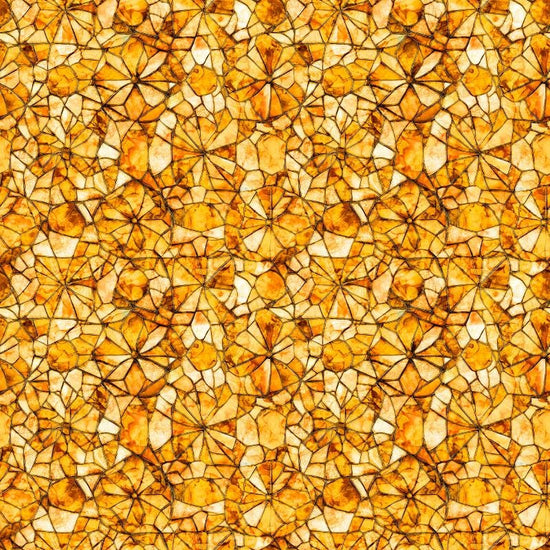 Image of Lumenique Mosaic Blender Amber quilting cotton fabric by Dan Morris for QT Fabrics. Features a printed stained glass pattern on a yellow background. Cute Little Fabric Shop.