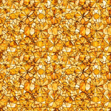 Image of Lumenique Mosaic Blender Amber quilting cotton fabric by Dan Morris for QT Fabrics. Features a printed stained glass pattern on a yellow background. Cute Little Fabric Shop.
