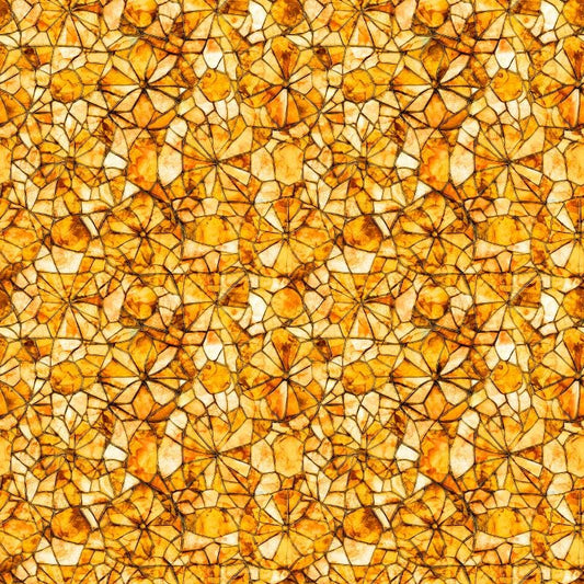 Image of Lumenique Mosaic Blender Amber quilting cotton fabric by Dan Morris for QT Fabrics. Features a printed stained glass pattern on a yellow background. Cute Little Fabric Shop.