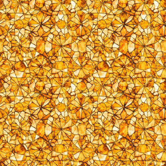 Image of Lumenique Mosaic Blender Amber quilting cotton fabric by Dan Morris for QT Fabrics. Features a printed stained glass pattern on a yellow background. Cute Little Fabric Shop.