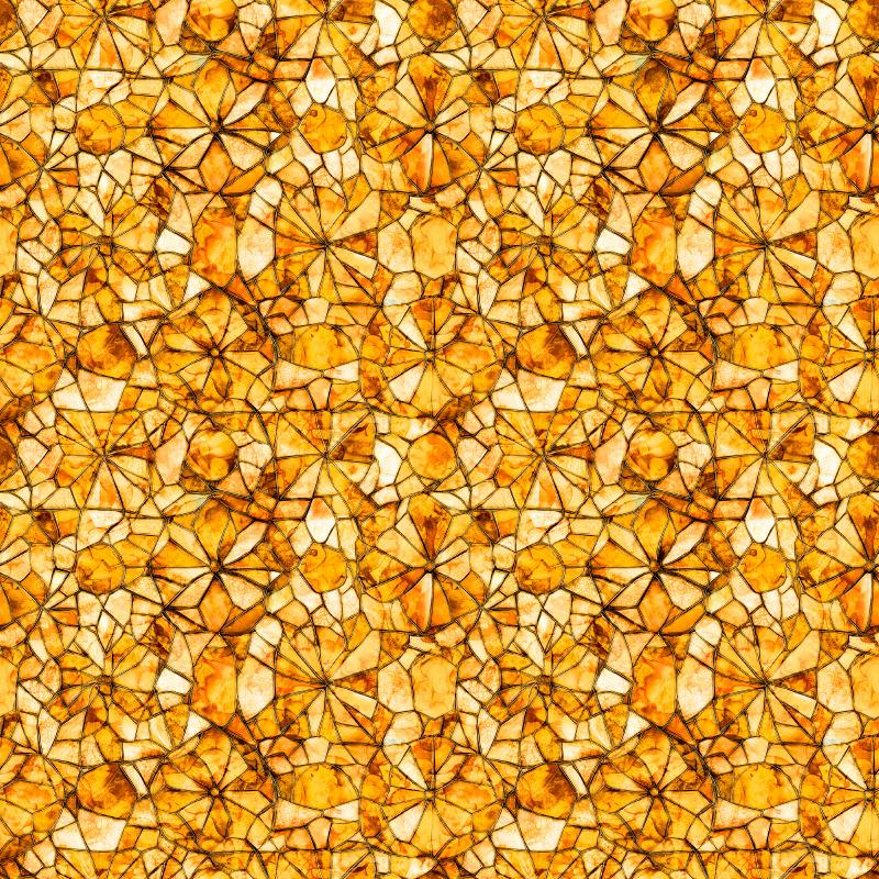 Image of Lumenique Mosaic Blender Amber quilting cotton fabric by Dan Morris for QT Fabrics. Features a printed stained glass pattern on a yellow background. Cute Little Fabric Shop.