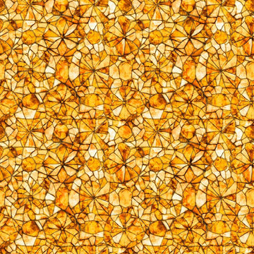 Image of Lumenique Mosaic Blender Amber quilting cotton fabric by Dan Morris for QT Fabrics. Features a printed stained glass pattern on a yellow background. Cute Little Fabric Shop.