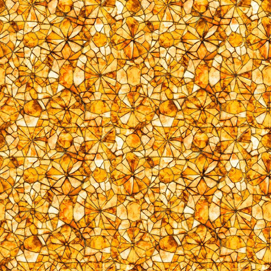 Image of Lumenique Mosaic Blender Amber quilting cotton fabric by Dan Morris for QT Fabrics. Features a printed stained glass pattern on a yellow background. Cute Little Fabric Shop.