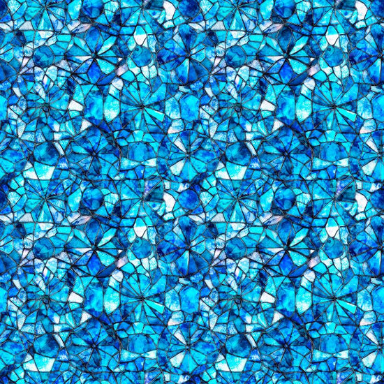 Image of Lumenique Mosaic Blender Ocean quilting cotton fabric by Dan Morris for QT Fabrics. Features a printed stained glass pattern on a blue background. Cute Little Fabric Shop.