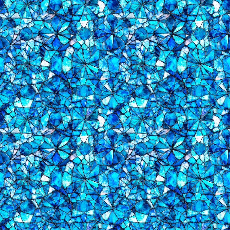 Image of Lumenique Mosaic Blender Ocean quilting cotton fabric by Dan Morris for QT Fabrics. Features a printed stained glass pattern on a blue background. Cute Little Fabric Shop.