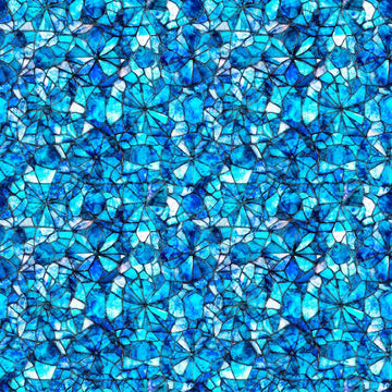 Image of Lumenique Mosaic Blender Ocean quilting cotton fabric by Dan Morris for QT Fabrics. Features a printed stained glass pattern on a blue background. Cute Little Fabric Shop.