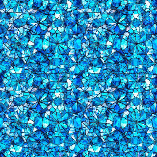 Image of Lumenique Mosaic Blender Ocean quilting cotton fabric by Dan Morris for QT Fabrics. Features a printed stained glass pattern on a blue background. Cute Little Fabric Shop.