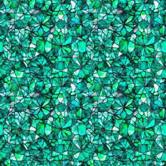 Image of Lumenique Mosaic Blender Jade quilting cotton fabric by Dan Morris for QT Fabrics. Features a printed stained glass pattern on a green background. Cute Little Fabric Shop.