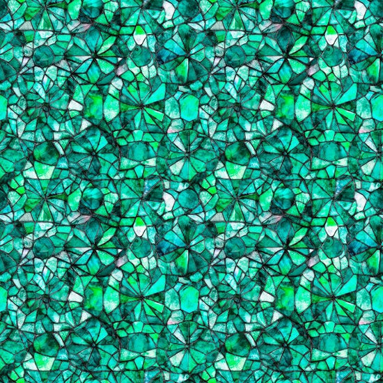 Image of Lumenique Mosaic Blender Jade quilting cotton fabric by Dan Morris for QT Fabrics. Features a printed stained glass pattern on a green background. Cute Little Fabric Shop.