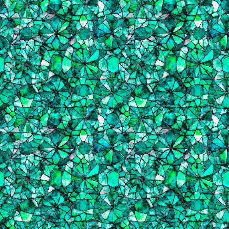 Image of Lumenique Mosaic Blender Jade quilting cotton fabric by Dan Morris for QT Fabrics. Features a printed stained glass pattern on a green background. Cute Little Fabric Shop.