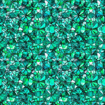 Image of Lumenique Mosaic Blender Jade quilting cotton fabric by Dan Morris for QT Fabrics. Features a printed stained glass pattern on a green background. Cute Little Fabric Shop.