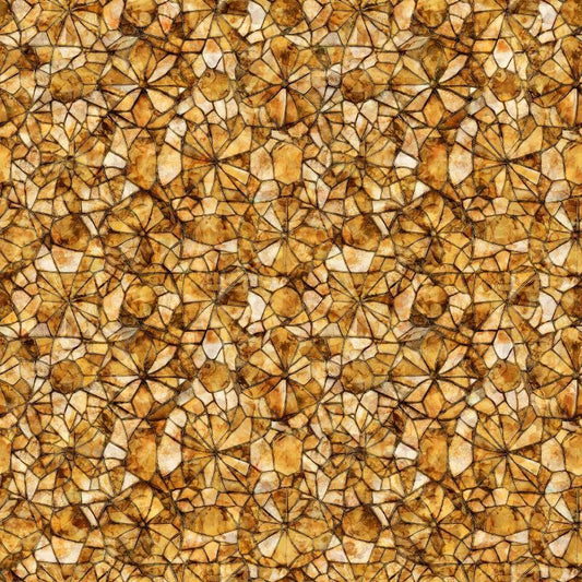 Image of Lumenique Mosaic Blender Brown quilting cotton fabric by Dan Morris for QT Fabrics. Features a printed stained glass pattern on a brown background. Cute Little Fabric Shop.