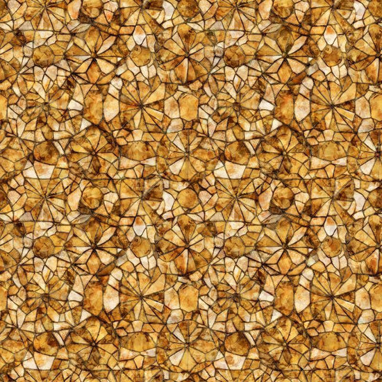 Image of Lumenique Mosaic Blender Brown quilting cotton fabric by Dan Morris for QT Fabrics. Features a printed stained glass pattern on a brown background. Cute Little Fabric Shop.