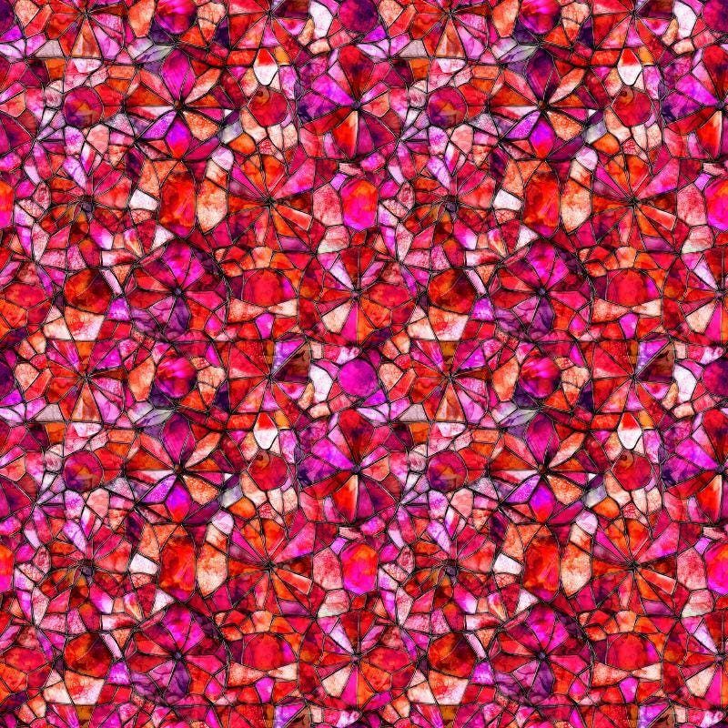 Image of Lumenique Mosaic Blender Strawberry quilting cotton fabric by Dan Morris for QT Fabrics. Features a printed stained glass pattern on a red background. Cute Little Fabric Shop.