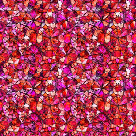 Image of Lumenique Mosaic Blender Strawberry quilting cotton fabric by Dan Morris for QT Fabrics. Features a printed stained glass pattern on a red background. Cute Little Fabric Shop.