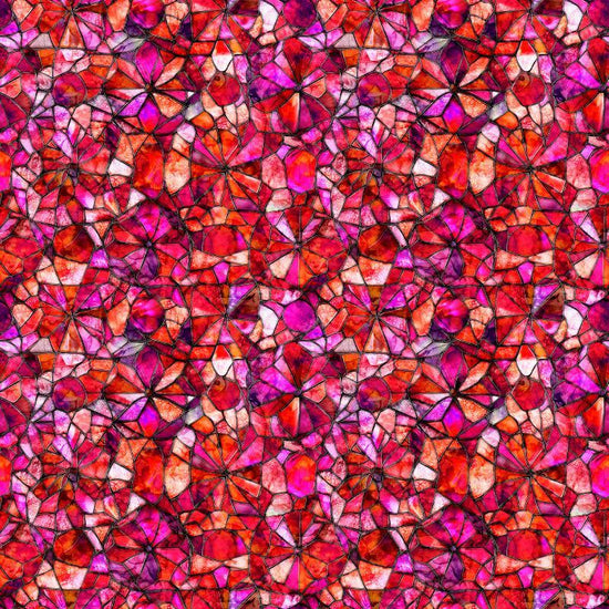 Image of Lumenique Mosaic Blender Strawberry quilting cotton fabric by Dan Morris for QT Fabrics. Features a printed stained glass pattern on a red background. Cute Little Fabric Shop.