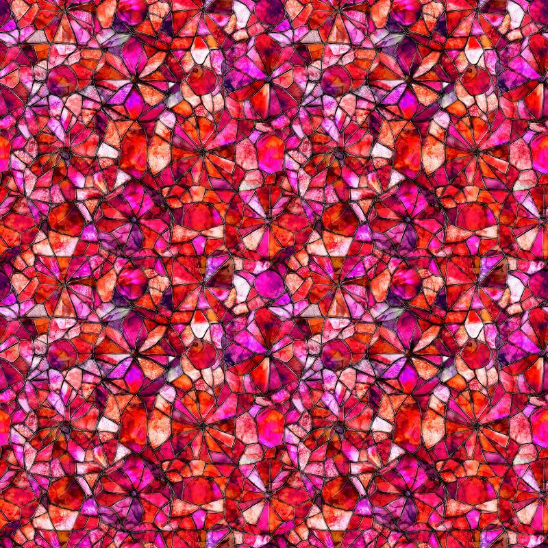 Image of Lumenique Mosaic Blender Strawberry quilting cotton fabric by Dan Morris for QT Fabrics. Features a printed stained glass pattern on a red background. Cute Little Fabric Shop.