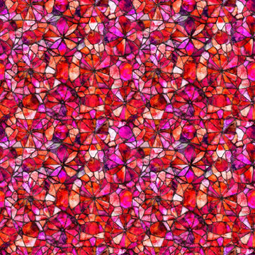 Image of Lumenique Mosaic Blender Strawberry quilting cotton fabric by Dan Morris for QT Fabrics. Features a printed stained glass pattern on a red background. Cute Little Fabric Shop.