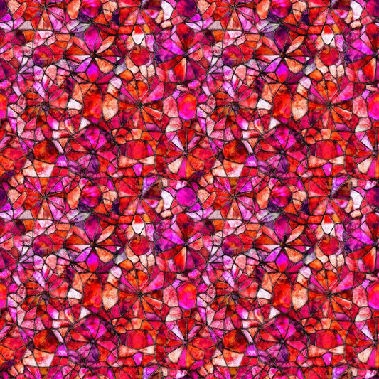 Image of Lumenique Mosaic Blender Strawberry quilting cotton fabric by Dan Morris for QT Fabrics. Features a printed stained glass pattern on a red background. Cute Little Fabric Shop.