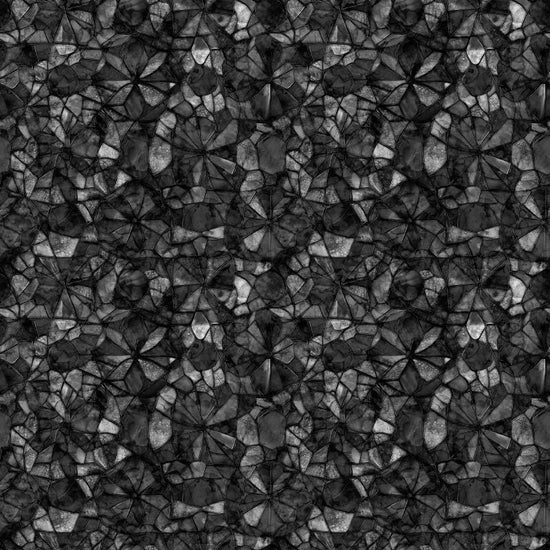 Image of Lumenique Mosaic Blender Charcoal quilting cotton fabric by Dan Morris for QT Fabrics. Features a printed stained glass pattern on a black background. Cute Little Fabric Shop.