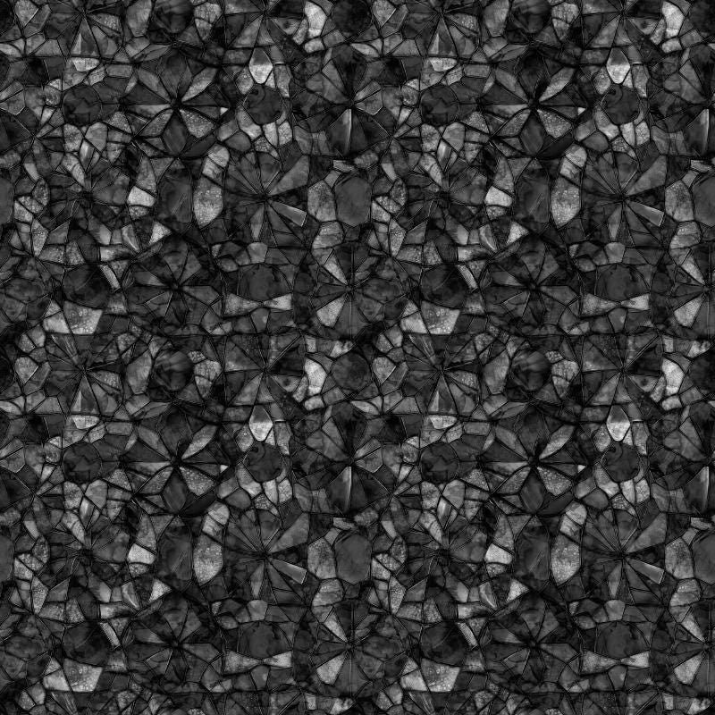 Image of Lumenique Mosaic Blender Charcoal quilting cotton fabric by Dan Morris for QT Fabrics. Features a printed stained glass pattern on a black background. Cute Little Fabric Shop.