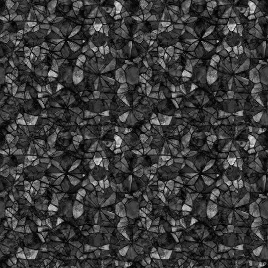 Image of Lumenique Mosaic Blender Charcoal quilting cotton fabric by Dan Morris for QT Fabrics. Features a printed stained glass pattern on a black background. Cute Little Fabric Shop.