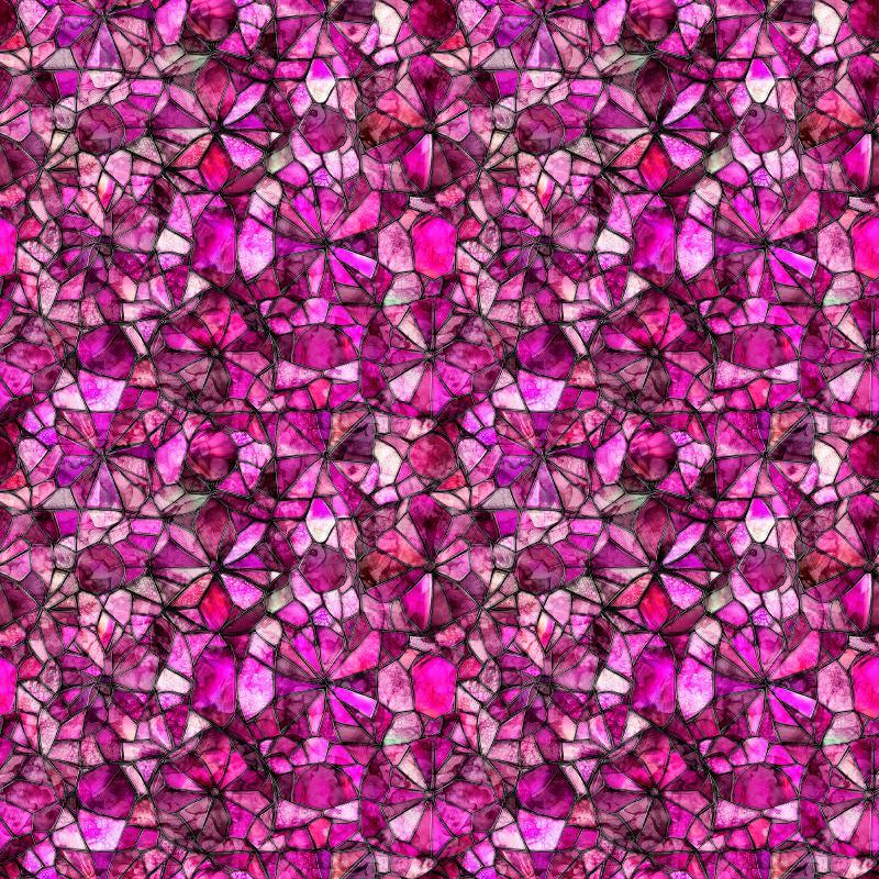 Image of Lumenique Mosaic Blender Fuschia quilting cotton fabric by Dan Morris for QT Fabrics. Features a printed stained glass pattern on a purple background. Cute Little Fabric Shop.