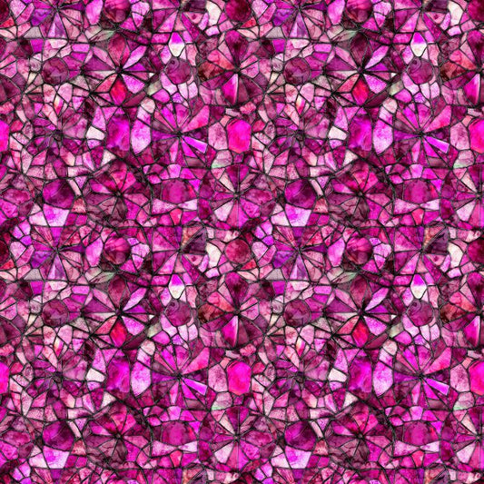 Image of Lumenique Mosaic Blender Fuschia quilting cotton fabric by Dan Morris for QT Fabrics. Features a printed stained glass pattern on a purple background. Cute Little Fabric Shop.