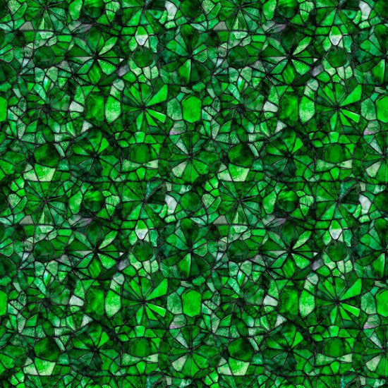 Image of Lumenique Mosaic Blender Dark Green quilting cotton fabric by Dan Morris for QT Fabrics. Features a printed stained glass pattern on a green background. Cute Little Fabric Shop.