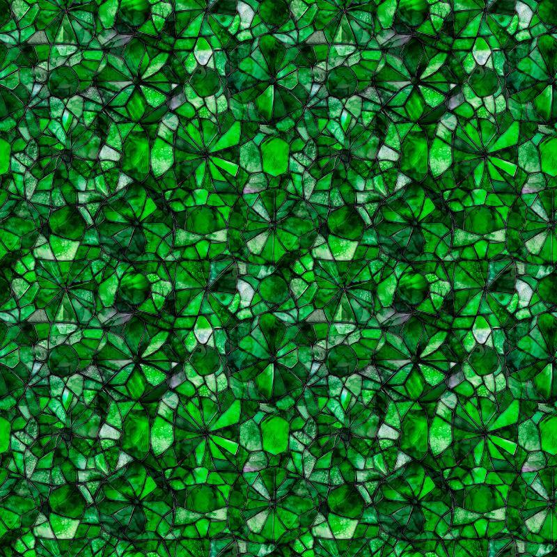 Image of Lumenique Mosaic Blender Dark Green quilting cotton fabric by Dan Morris for QT Fabrics. Features a printed stained glass pattern on a green background. Cute Little Fabric Shop.