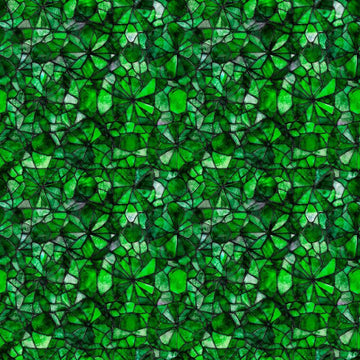 Image of Lumenique Mosaic Blender Dark Green quilting cotton fabric by Dan Morris for QT Fabrics. Features a printed stained glass pattern on a green background. Cute Little Fabric Shop.