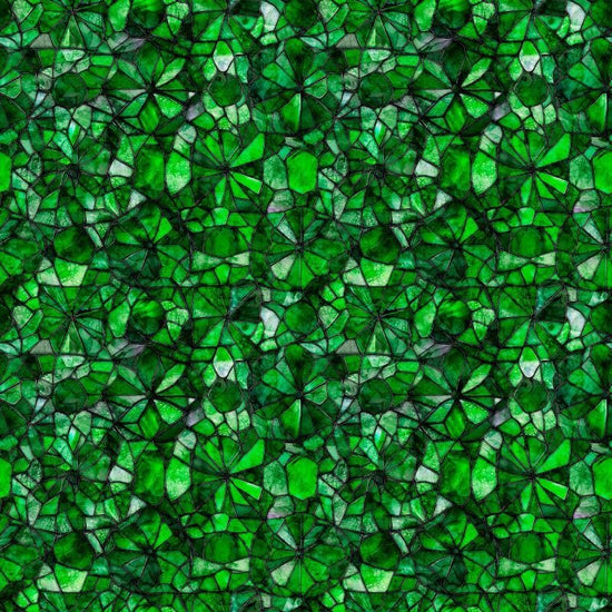 Image of Lumenique Mosaic Blender Dark Green quilting cotton fabric by Dan Morris for QT Fabrics. Features a printed stained glass pattern on a green background. Cute Little Fabric Shop.