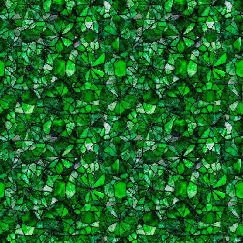 Image of Lumenique Mosaic Blender Dark Green quilting cotton fabric by Dan Morris for QT Fabrics. Features a printed stained glass pattern on a green background. Cute Little Fabric Shop.