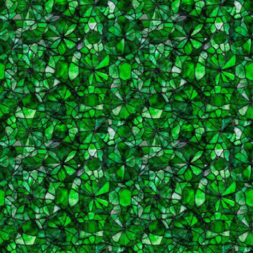 Image of Lumenique Mosaic Blender Dark Green quilting cotton fabric by Dan Morris for QT Fabrics. Features a printed stained glass pattern on a green background. Cute Little Fabric Shop.