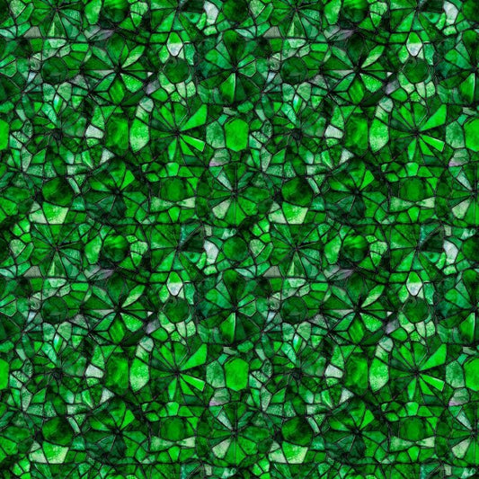 Image of Lumenique Mosaic Blender Dark Green quilting cotton fabric by Dan Morris for QT Fabrics. Features a printed stained glass pattern on a green background. Cute Little Fabric Shop.