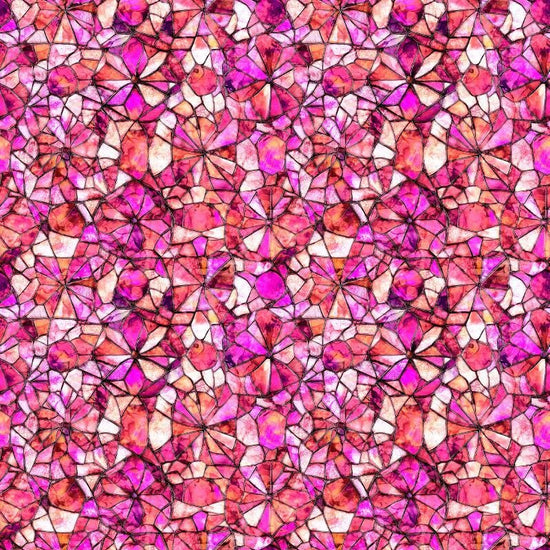 Image of Lumenique Mosaic Blender Bubblegum quilting cotton fabric by Dan Morris for QT Fabrics. Features a printed stained glass pattern on a pink background. Cute Little Fabric Shop.