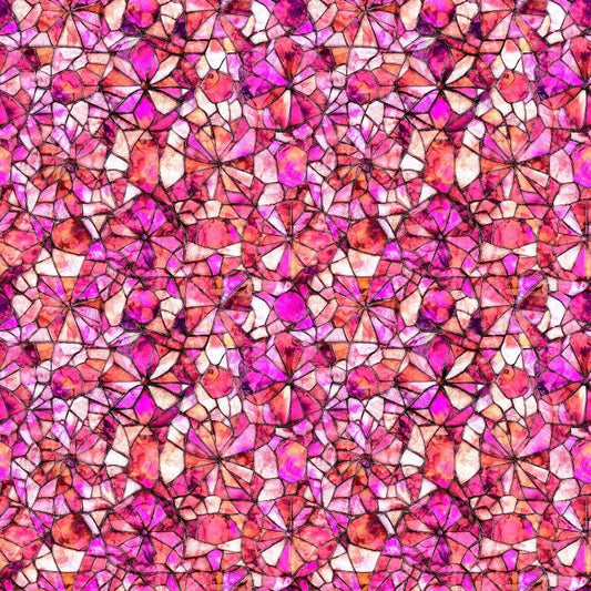 Image of Lumenique Mosaic Blender Bubblegum quilting cotton fabric by Dan Morris for QT Fabrics. Features a printed stained glass pattern on a pink background. Cute Little Fabric Shop.
