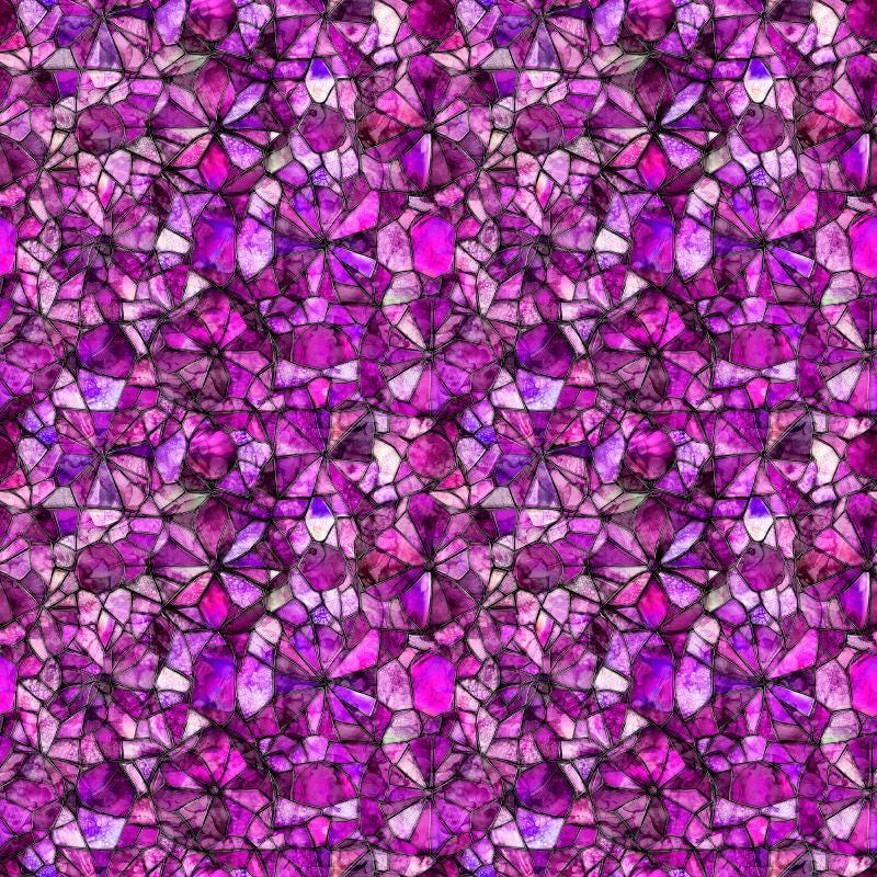 Image of Lumenique Mosaic Blender Magenta quilting cotton fabric by Dan Morris for QT Fabrics. Features a printed stained glass pattern on a purple background. Cute Little Fabric Shop.