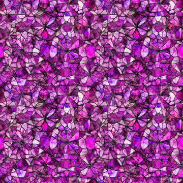 Image of Lumenique Mosaic Blender Magenta quilting cotton fabric by Dan Morris for QT Fabrics. Features a printed stained glass pattern on a purple background. Cute Little Fabric Shop.