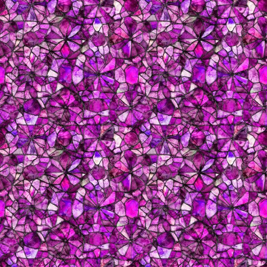 Image of Lumenique Mosaic Blender Magenta quilting cotton fabric by Dan Morris for QT Fabrics. Features a printed stained glass pattern on a purple background. Cute Little Fabric Shop.