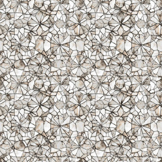 Image of Lumenique Mosaic Blender Gray quilting cotton fabric by Dan Morris for QT Fabrics. Features a printed stained glass pattern on a gray background. Cute Little Fabric Shop.