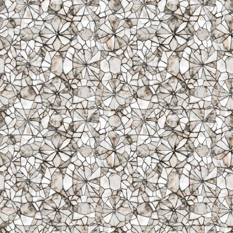 Image of Lumenique Mosaic Blender Gray quilting cotton fabric by Dan Morris for QT Fabrics. Features a printed stained glass pattern on a gray background. Cute Little Fabric Shop.