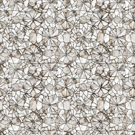 Image of Lumenique Mosaic Blender Gray quilting cotton fabric by Dan Morris for QT Fabrics. Features a printed stained glass pattern on a gray background. Cute Little Fabric Shop.