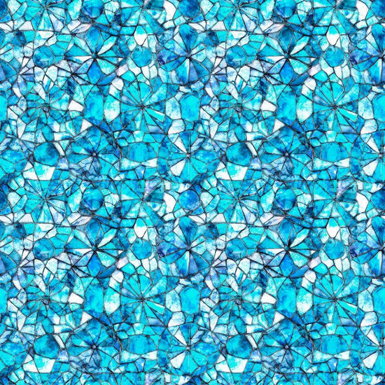 Image of Lumenique Mosaic Blender Blue quilting cotton fabric by Dan Morris for QT Fabrics. Features a printed stained glass pattern on a blue background. Cute Little Fabric Shop.