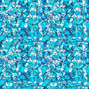 Image of Lumenique Mosaic Blender Blue quilting cotton fabric by Dan Morris for QT Fabrics. Features a printed stained glass pattern on a blue background. Cute Little Fabric Shop.